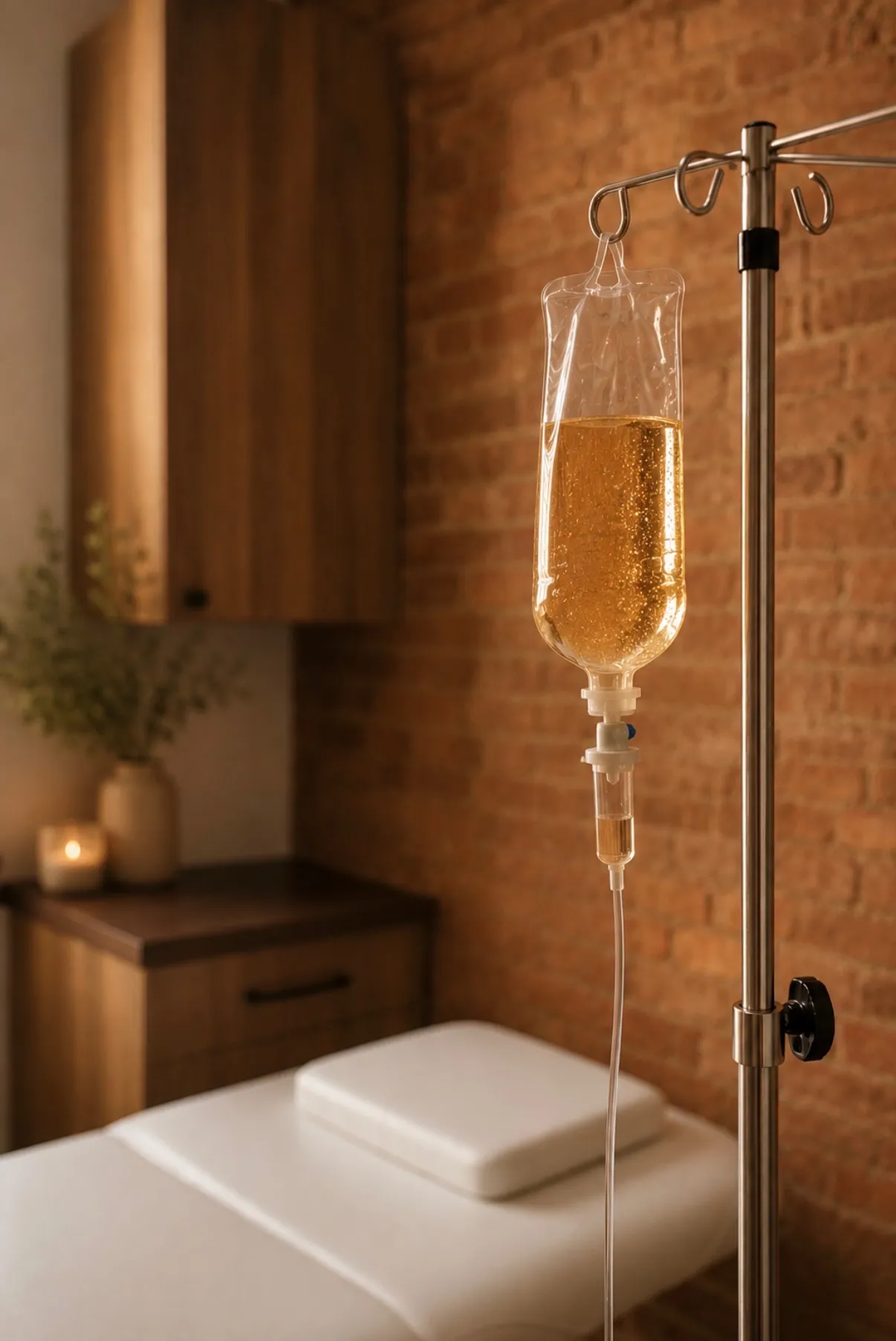 IV therapy bag in a warm treatment room